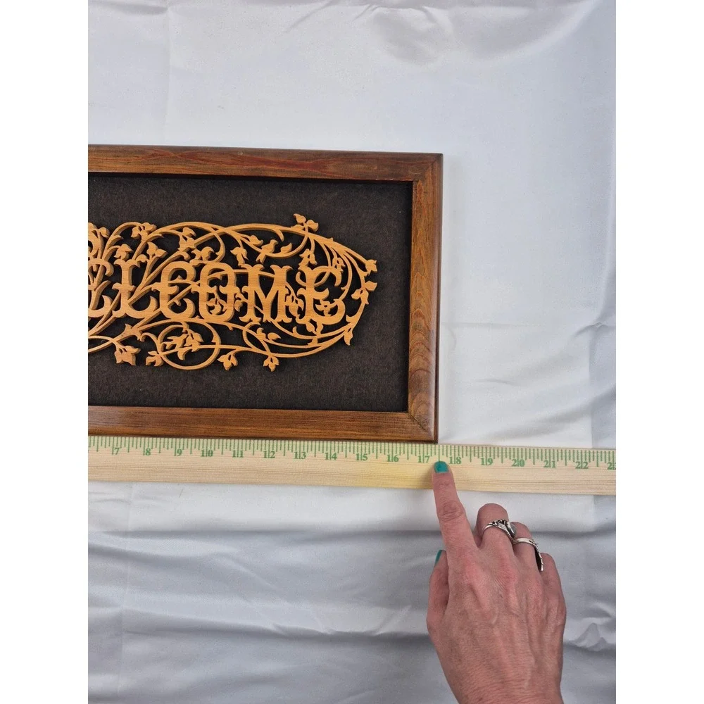 Vintage Welcome Sign Framed 3D Wood Scroll Saw Filigree Wall Art 18x9 Decor gift
